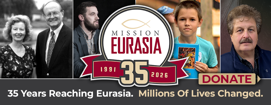 A panoramic collage featuring diverse groups of smiling young adults, team members, and leaders from Mission Eurasia posing together.