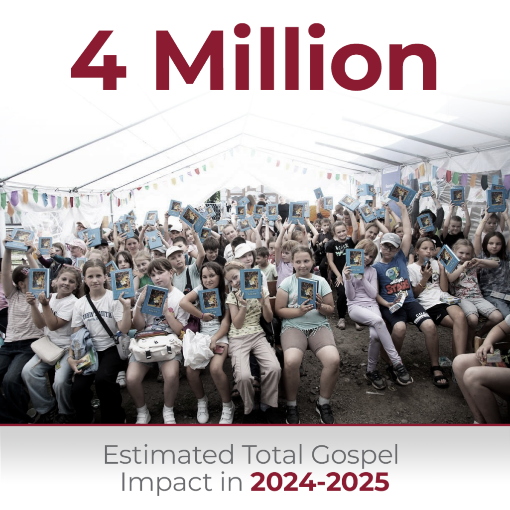 Infographic showing an estimated total gospel impact of 4 million in 2024-2025, featuring a large crowd of children sitting in a tent and excitedly holding up copies of a booklet.