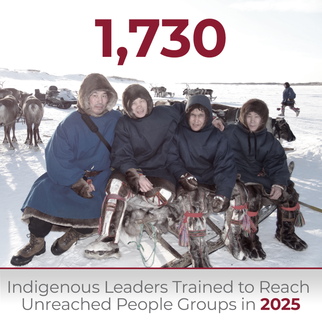 Infographic showing 1,730 indigenous leaders trained to reach unreached people groups in 2025, featuring a group of four indigenous individuals sitting together on a sled in a snowy landscape.