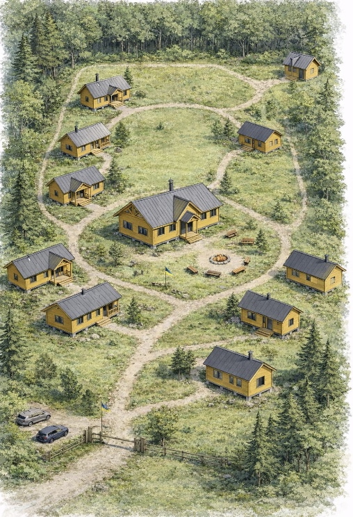 Watercolor illustration of the Meadow of Hope Center, featuring several cozy yellow wooden cabins with dark roofs scattered across a lush green lawn surrounded by pine trees.